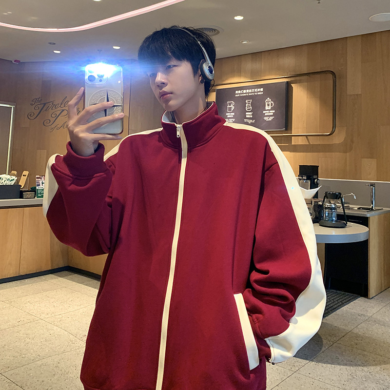 直播秋冬美式潮牌重磅双拉链外套卫衣宽松酒红夹克A432-WY99-P65