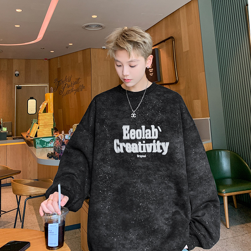 现货420克扎染重磅卫衣男秋冬款圆领上衣美式高街外套男WY803白,女装短外套,电商A456（原C415）