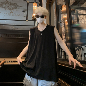 夏季薄款肌理感冰丝无袖t恤男2024美式潮牌宽松休闲运动坎肩背心图片