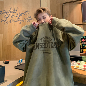 现货烧花重磅420克美式潮牌宽松麂皮绒圆领卫衣男军绿JP53-P45图片