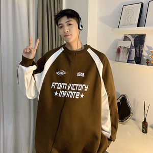 现货 360G直播重磅港风美式复古插肩袖拼接ins卫衣外套男WY98咖啡图片