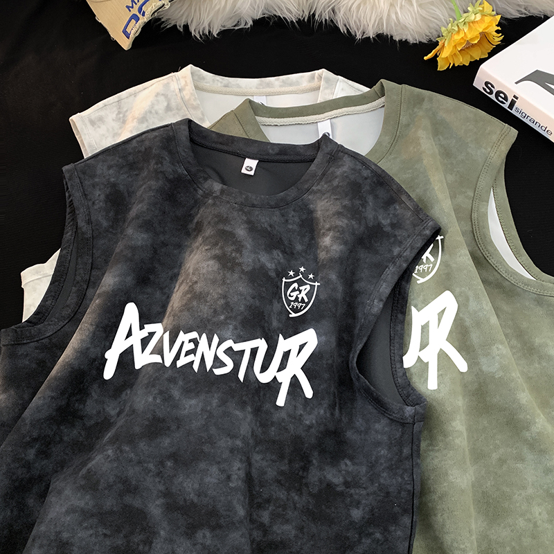 ZRB124-P22控38潮牌扎染无袖背心男夏季宽松运动坎肩美式t恤a，男装背心/马甲，电商A456（原C415）