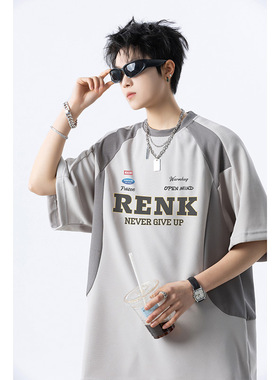 男士潮流印花T恤上衣夏季宽松拼接重磅短袖体恤A456-T898-P45