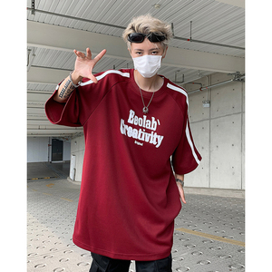 T565-P40控59高街潮牌男士潮流T恤上衣夏季宽松织带重磅短袖杏图片