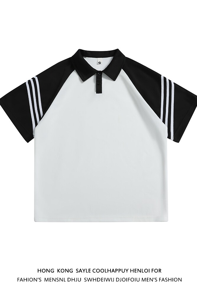 美式复古黑白拼接polo衫短袖男插肩袖t恤A456-T881-P35白,男装Polo衫,电商A456（原C415）