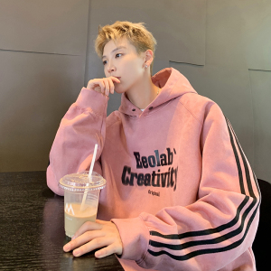 现货 420高克重秋冬三条杠麂皮绒连帽卫衣外套粉JP605-P58特，女装短外套，电商A456（原C415）