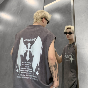 现货破洞B20-特P30潮牌无袖大码背心男丝网印花夏季宽松运动坎肩图片