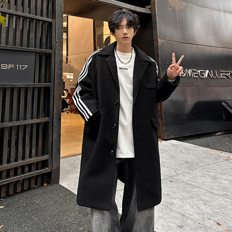 现货潮牌三条杠毛呢大衣男加厚中长款呢子风衣外套DY001-P108黑，男装风衣，电商A456（原C415）
