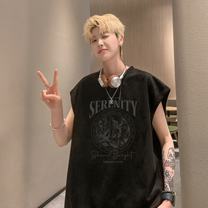 B08特P20潮牌烧花无袖背心男夏季宽松运动坎肩美式t恤图片