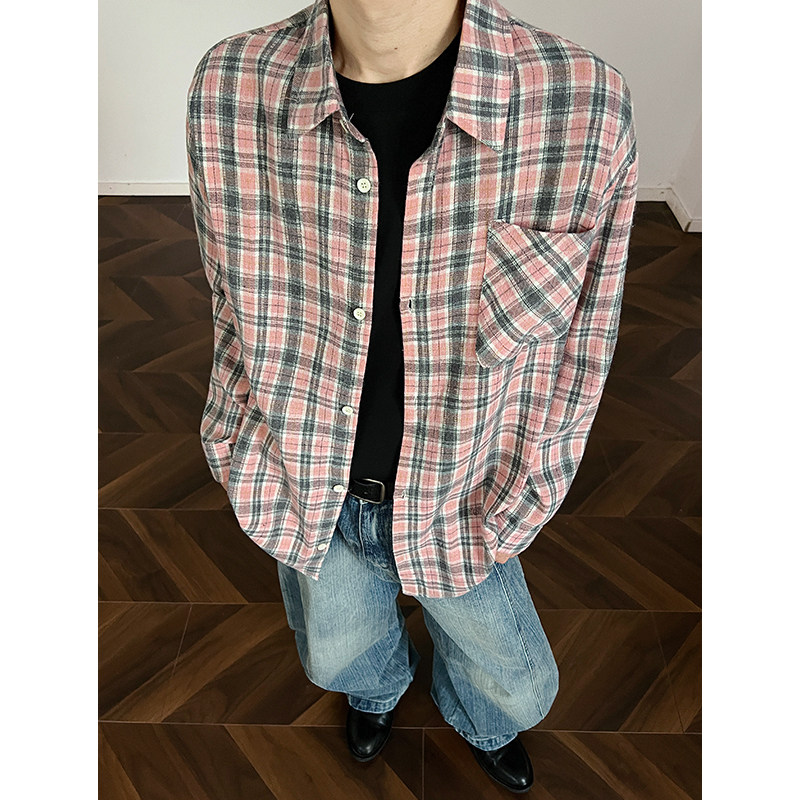 现货主推CY15-P33长袖格子衬衫男潮牌潮流宽松韩版中性衬衣,男装衬衫,电商A456（原C415）