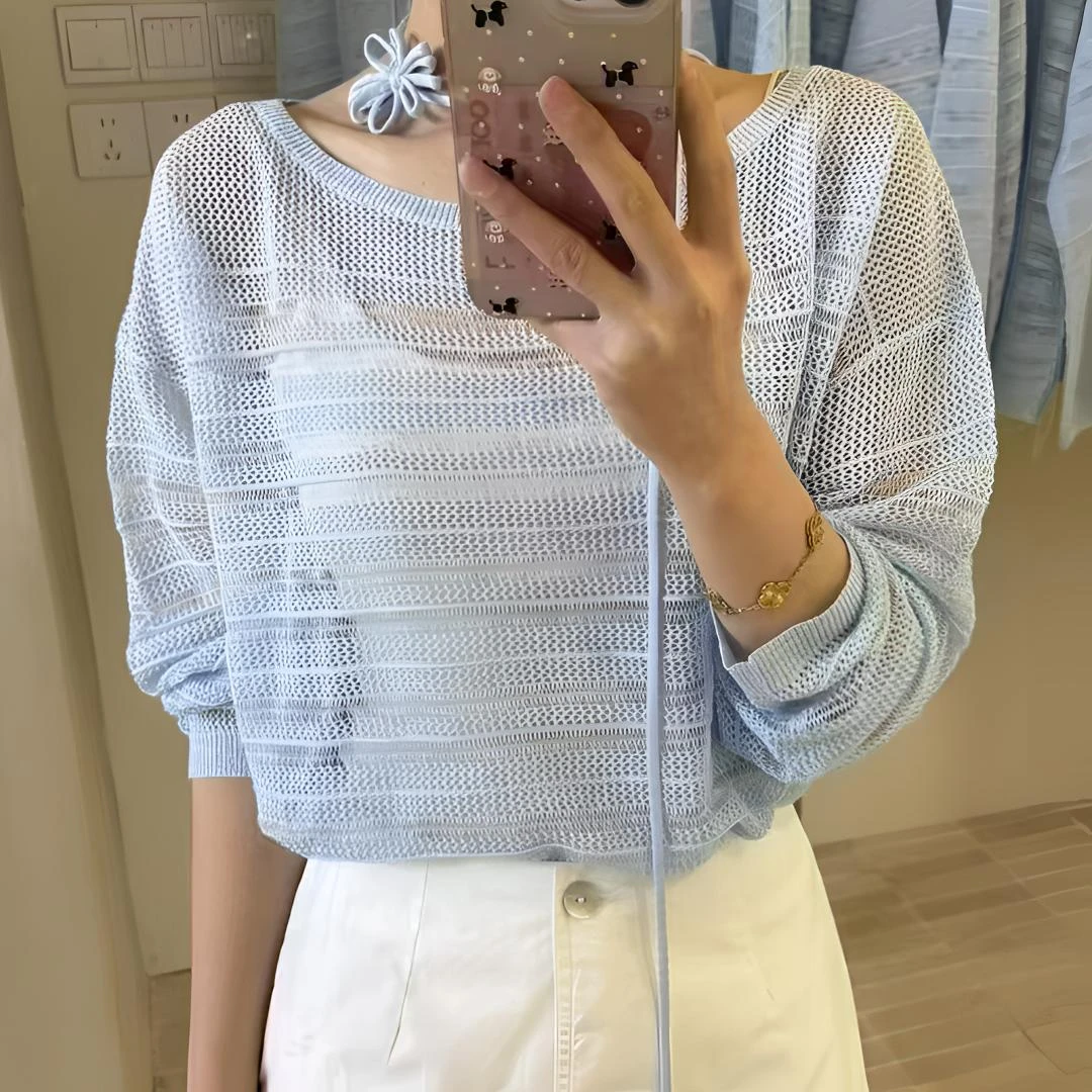 【配腰绳】竹节麻复古镂空针织罩衫宽松一字领时尚冰凉防晒罩衫薄