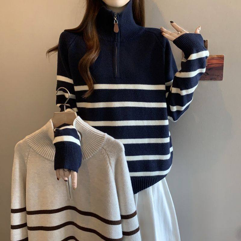 实拍2025秋冬新款大码胖mm半拉链翻领针织衫毛衣女宽松显瘦慵懒风