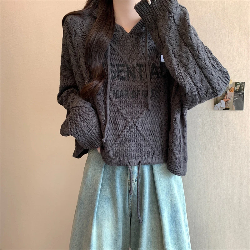 2025学院风连帽长袖针织衫女秋季美式字母短款毛衣韩系穿搭上衣