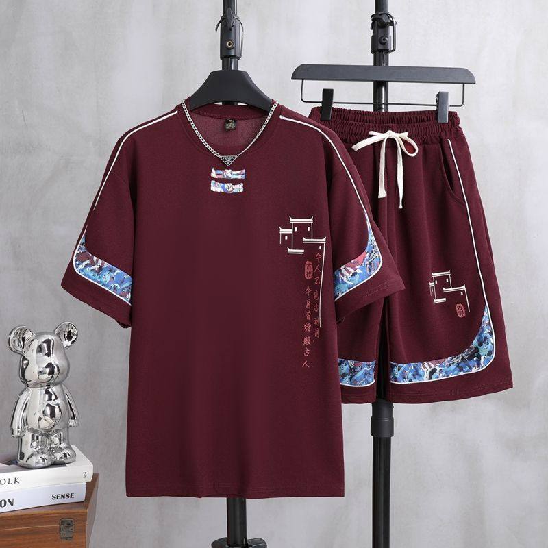 中式国风短袖套装夏季一整套潮流运动套装宽松休闲搭配短裤两件套
