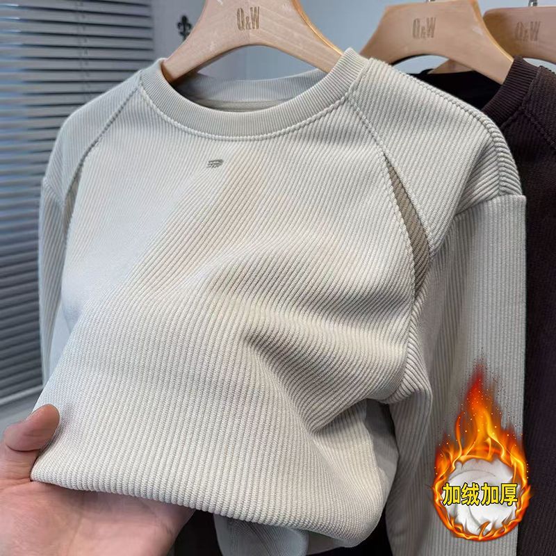 秋冬新款拼接圆领卫衣男士潮流休闲宽松上衣百搭加绒打底衫衣服男