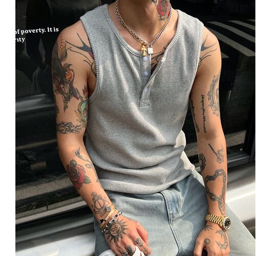 2025夏新款老钱风 亨利领」肌理感螺纹工字背心男修身透气无袖t恤