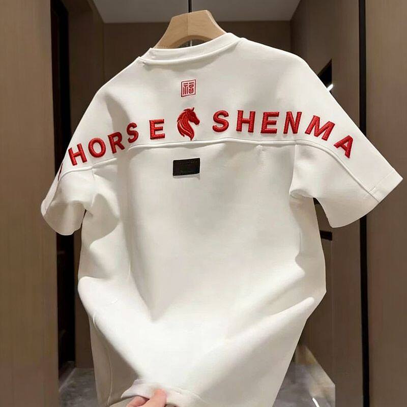 2026年春季新款男士百搭马年国潮印花拼接时尚短袖T恤上衣圆领潮