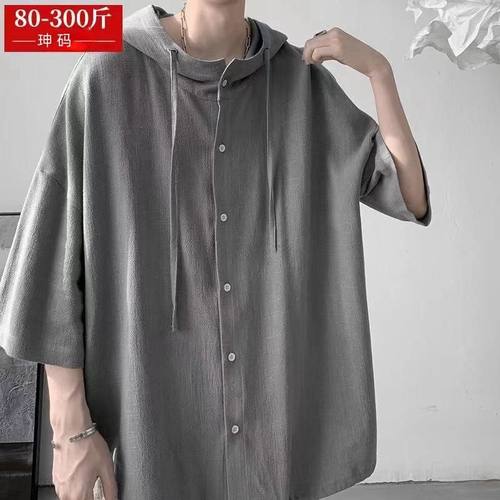 特大码慵懒风日系复古衬衫男女短袖连帽夏季薄款300斤痞帅ins衬衣