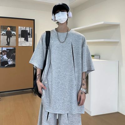结构柳钉套装夏季潮男短袖男女同款百搭宽松T恤美式休闲运动套装