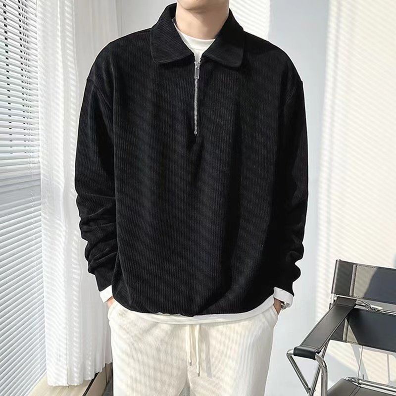 2024秋季翻领拉链长袖POLO衫潮男休闲时尚ins春秋上衣痞帅外套