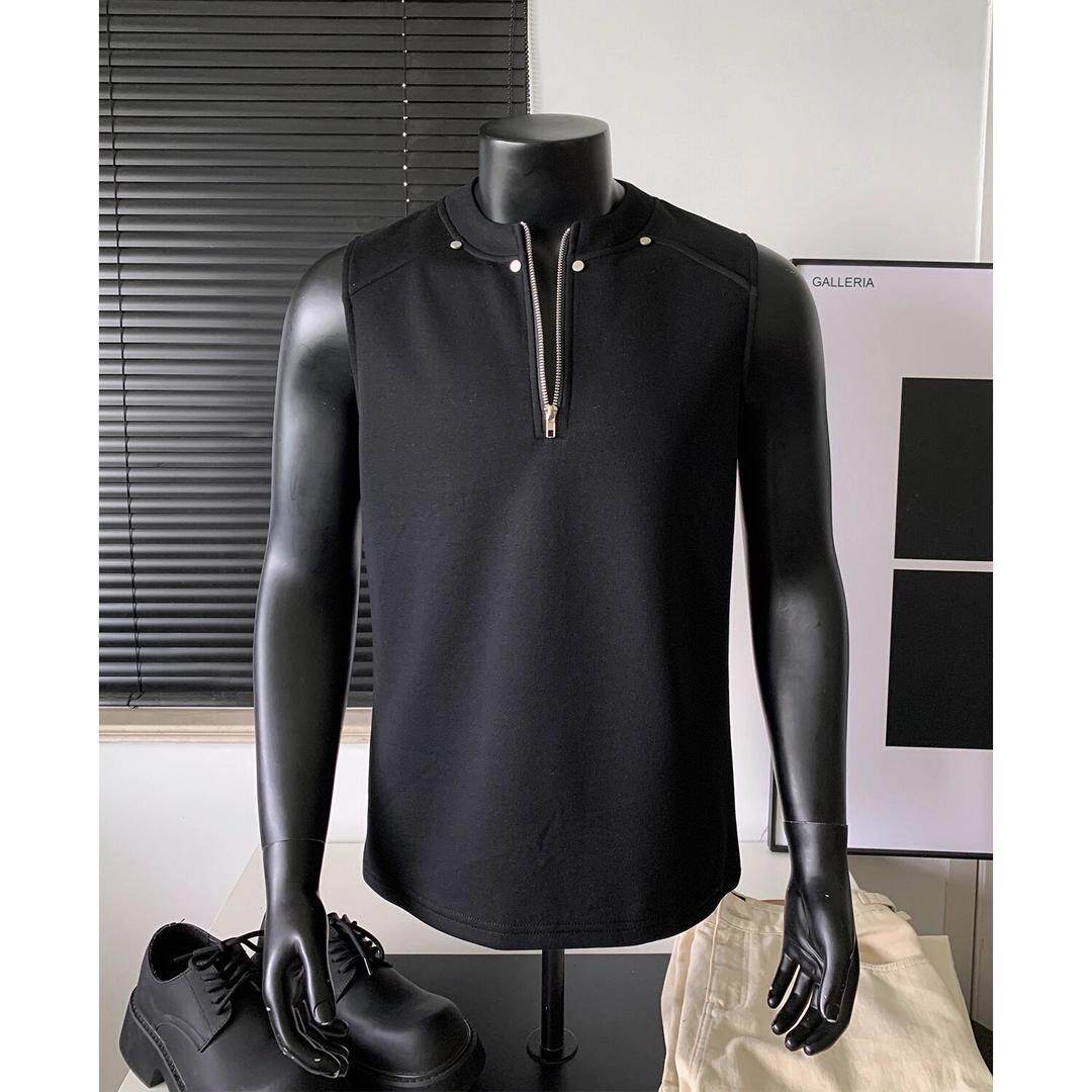 铆钉半拉链解构无袖t恤坎肩男夏季美式高街潮牌运动背心汗衫马甲