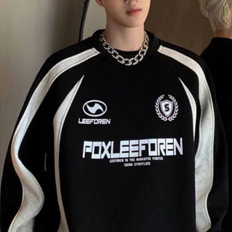 美式复古风球服卫衣男春秋季黑白撞色拼接插肩袖帅气重磅圆领外套