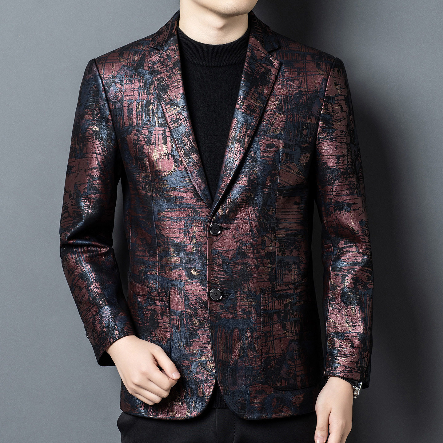 春秋款男士绵羊皮西服真皮休闲外套中年男装百搭通勤夹克红彩条