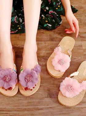 民族风拖鞋女夏外穿厚底傣族坡跟人字拖时尚防滑海边度假沙滩凉拖