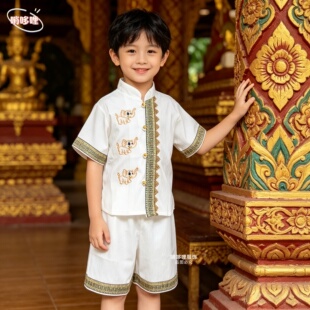 西双版纳新款傣族儿童服装夏季短袖套装民族风表演服旅游亲子装男