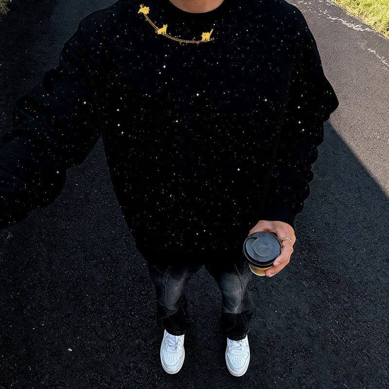 秋冬新款美式复古圆领卫衣男加绒宽松亮片设计黑色字母印花上衣潮,男装,卫衣,淘宝优惠券,粉丝福利购,淘宝优惠卷
