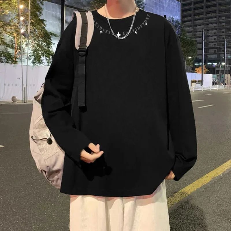 黑色别致小众慵懒风中长款宽松秋季重磅长袖T恤显瘦纯棉男生上衣