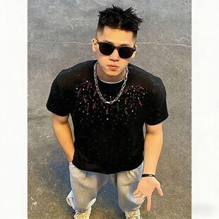 夏季学生韩系美式百搭纯棉短袖T恤男款潮牌港风时尚亮片印花上衣