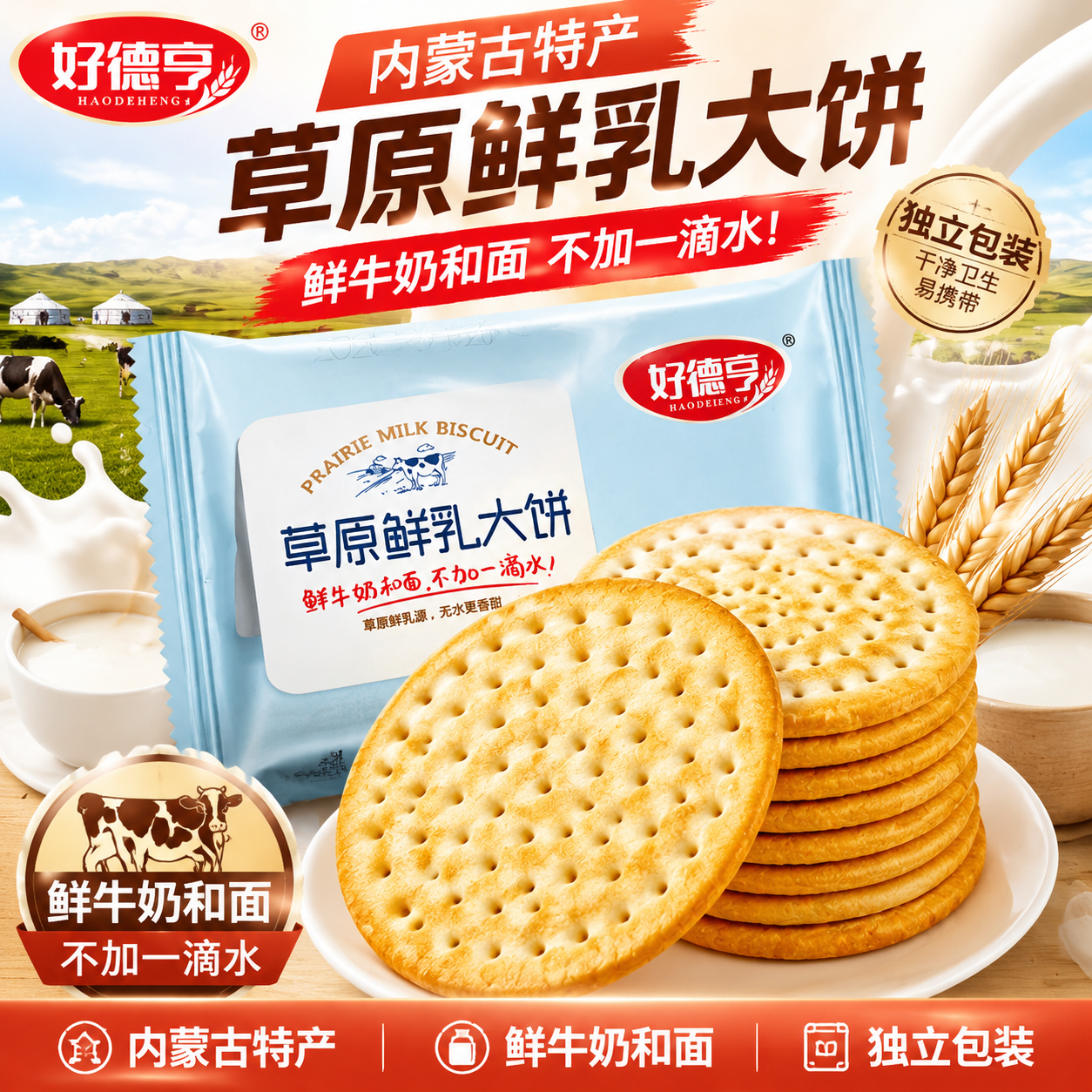 好德亨鲜乳大饼牛奶饼干2斤4斤整箱装牛奶饼干原味咸味沙葱味饼干