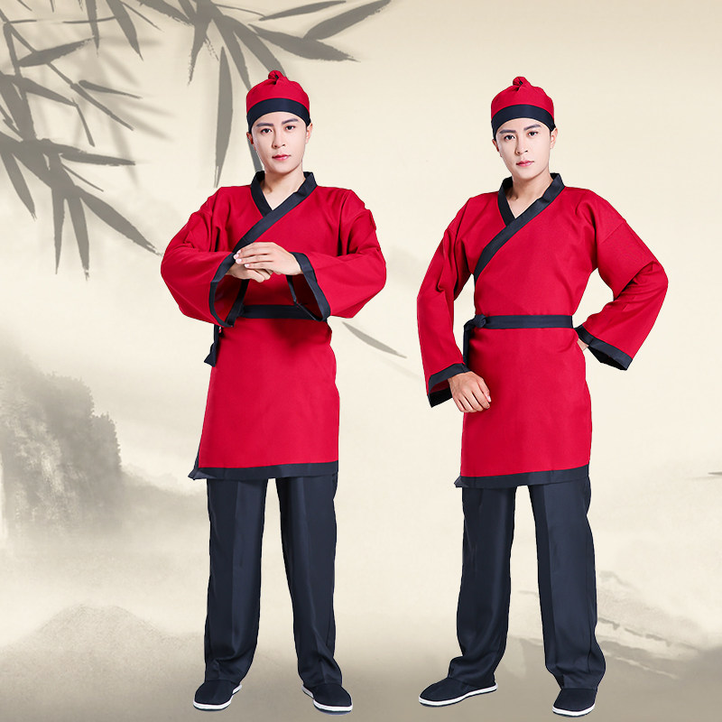 采购产品古代服装，男子表演服装，汉代商店小二表演服装，道具服
