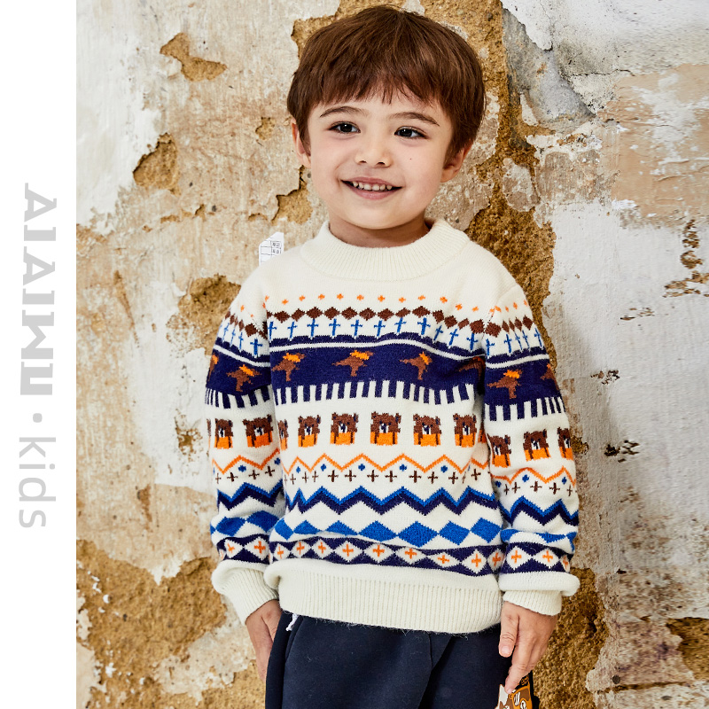 艾艾屋男童上衣2024冬季新品小童休闲毛衣圆领提花线衣潮YNWM57