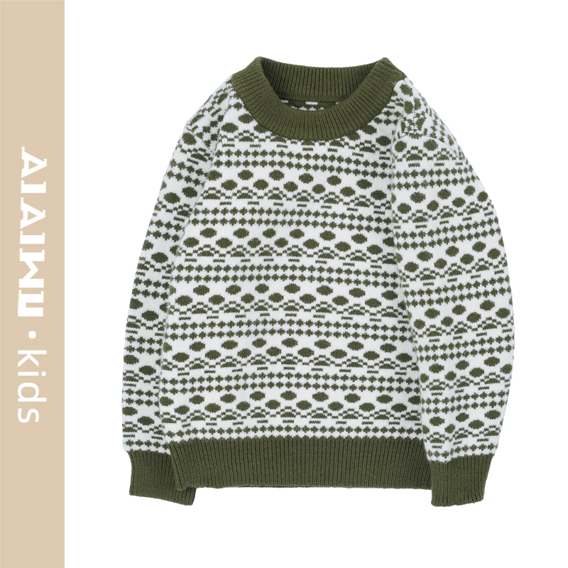 艾艾屋男童上衣2024冬季新品小童男孩圆领提花线衣时尚毛衣YNWM51