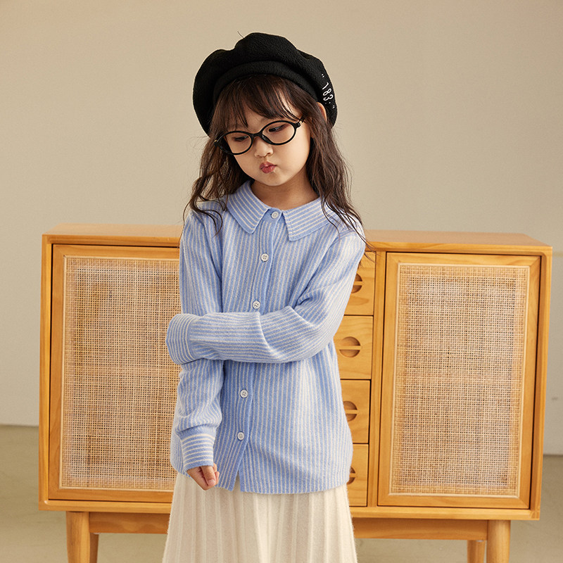男女童薄款山羊绒开衫条纹简约风