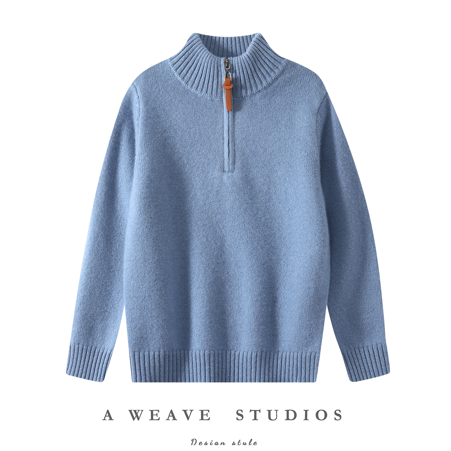 拉链半开领男女童纯羊绒衫宽松版