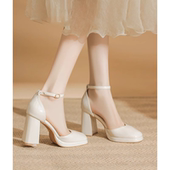 防水台高跟鞋 米白色玛丽珍厚底凉鞋 女粗跟2025新款 一字扣日常法式