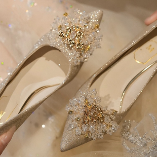 法式水钻细跟婚鞋女2025新款细闪酒杯跟高跟鞋婚纱秀禾两穿水晶鞋