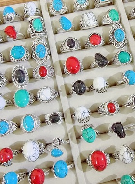 欧美复古风几何型松石戒指镀古银色绿松石女食指指环外贸现货饰品