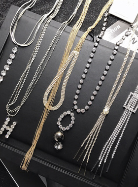 欧美长款保色防过敏水钻毛衣链