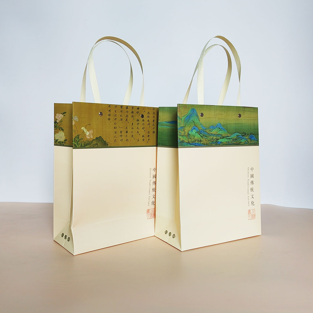 中国风礼品袋茶叶纸袋复古中式排绳古山水画手提袋打包提袋手提兜