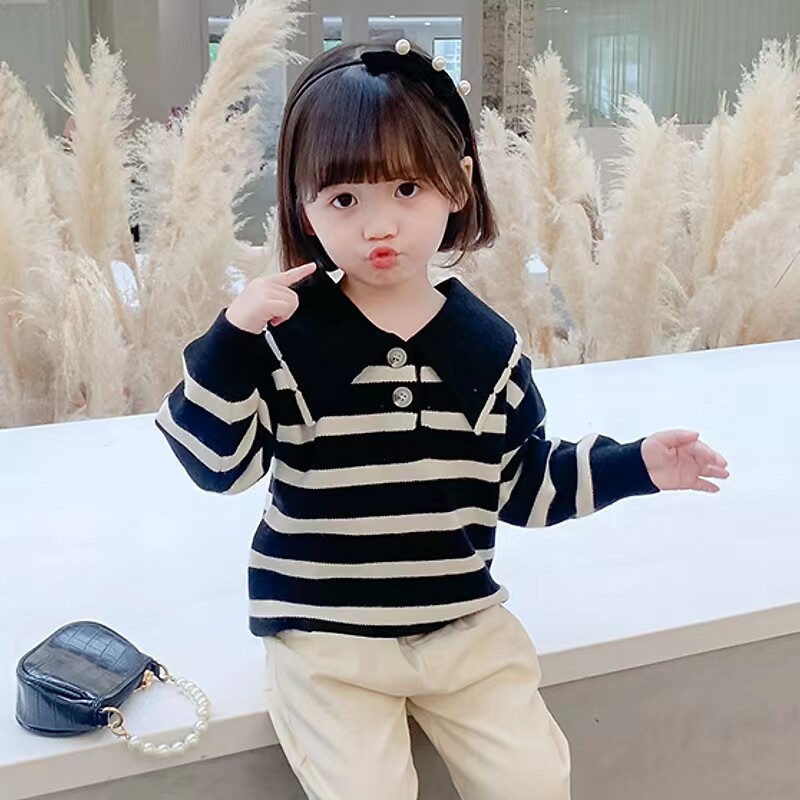 女童春秋毛衣海军风学院条纹撞色