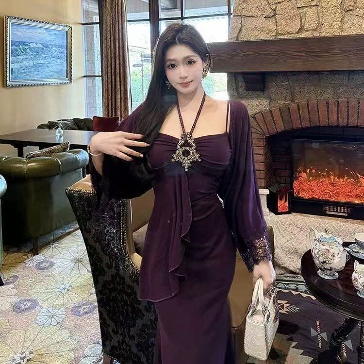 纯欲风蕾丝挂脖吊带连衣裙女夏季收腰气质长裙子防晒开衫两件套装