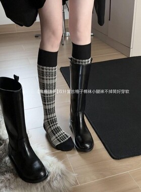 焦糖饼干复古甜！黑色格子袜解锁复古学院风~双针柔软纯棉不掉筒~