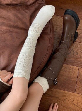 日系复古花边镂空羊毛小腿袜！秋冬保暖miu长筒袜女配靴子堆堆袜~