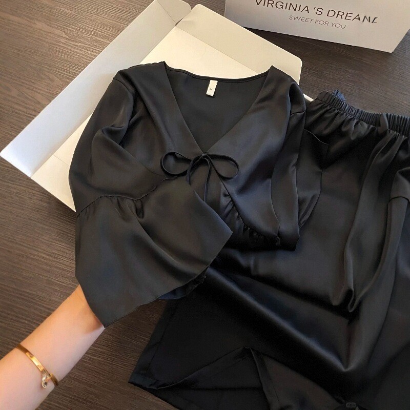 居家黑色系穿搭 慵懒松弛感~法式简约纯欲轻奢缎面居家服睡衣套装