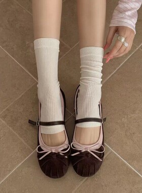 日系百搭竖条纹棉袜春夏白色小腿袜踩脚堆堆袜套女中筒袜透气薄款