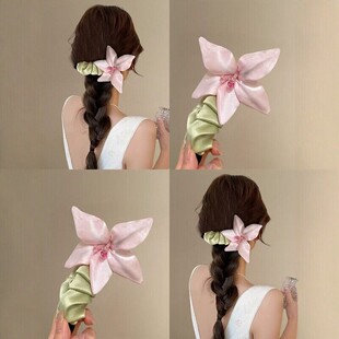 超仙森系绿色褶皱花朵高级大号抓夹 云间百合～仙气缎面香蕉夹夏季